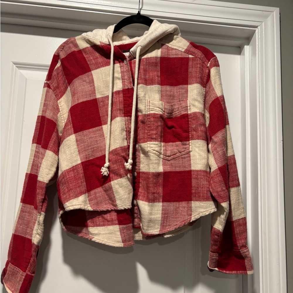 American Eagle Women's Red/Cream Plaid Cropped Flannel Hooded Button Up Sz. Smal
